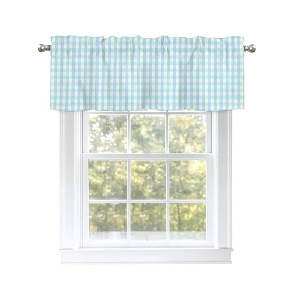 Blue Teal Valances for Windows, Rod Pocket Kitchen Valance Curtains - Soft & Washable Small Window Treatment for Living Room,&nbsp;Bathroom, Ombre Plaid , 42x12 Inch, 1 Panel