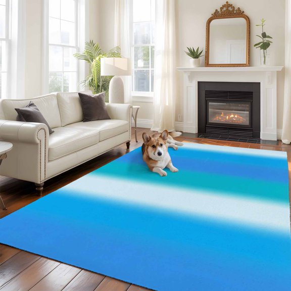 Blue Teal White Gradient Area Rugs 5x7 ft Colorful Striped Ombre Minimalist Art Washable Rug Non Slip Indoor Carpet Absorbent Floor Mat for Living Room Bedroom Dining Room