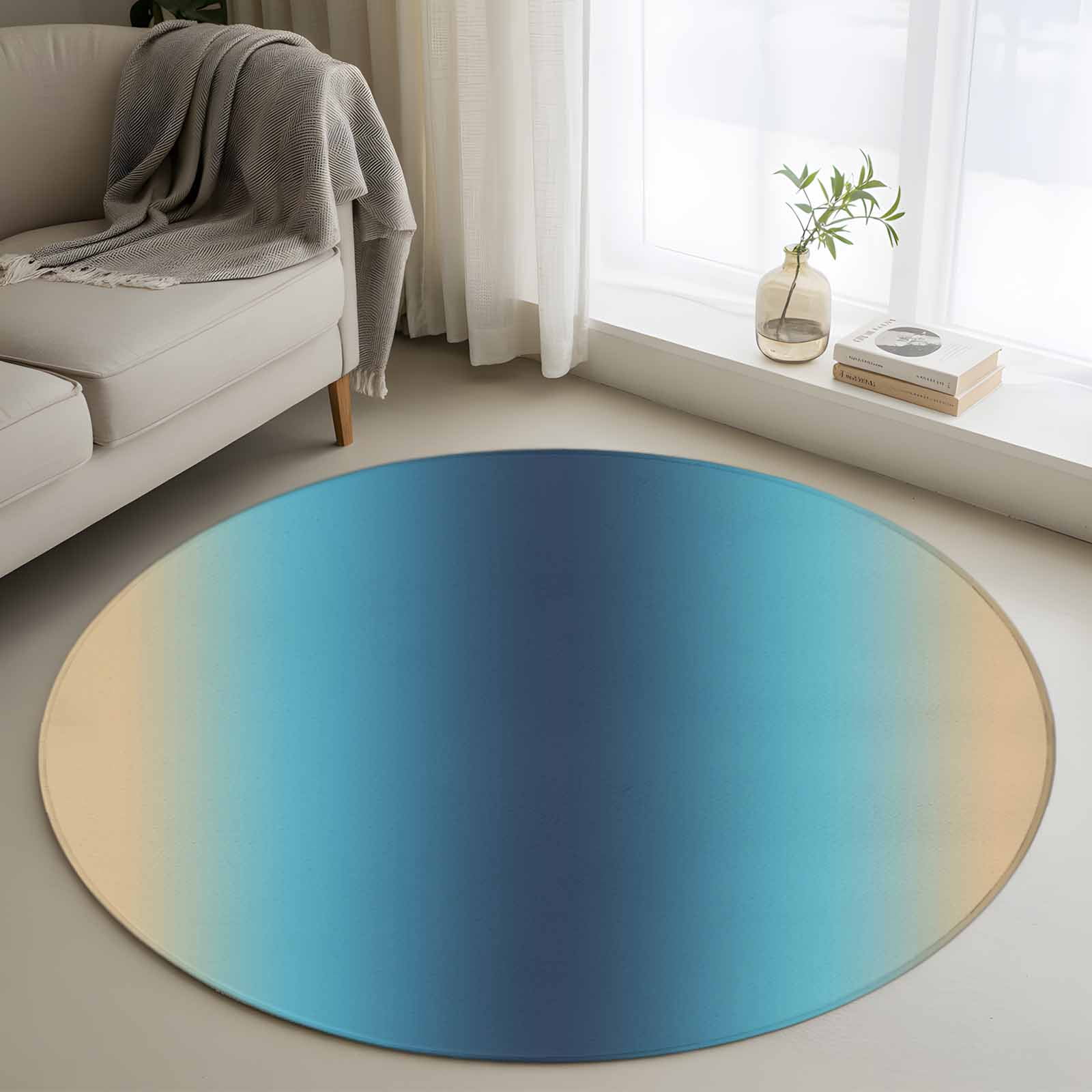 Blue Teal Yellow Ombre Round Area Rug 4Ft Washable Circle Rugs for Bedroom Dining Room, Farmhouse Modern Gradient Art Non-Slip Carpet Floor Mats Indoor Outdoor Carpet Runner Aesthetic Home Decor