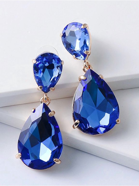 Blue Teardrop Dangle Earrings With Goldtone Setting And Cubic Zirconia
