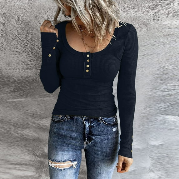 Blue Tee Shirts for Women Loose Fit, Long Sleeve Ladies Tops And Blouses, Polyester Women's Spring Summer Tops 2024, Women Long Sleeve Henley T Shirts Button Down Slim Fit Tops Scoop Neck Ribbed Knit