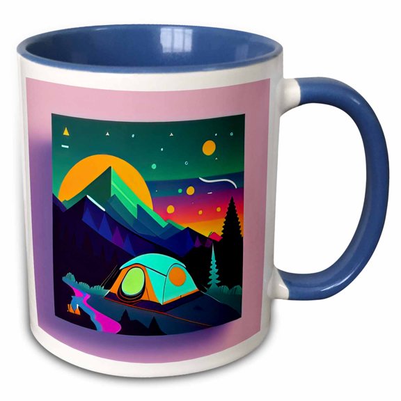 3drose, Blue Tent in the Mountains at Night. Colorful Happy Camper Gift, 15oz Two-tone Blue Mug