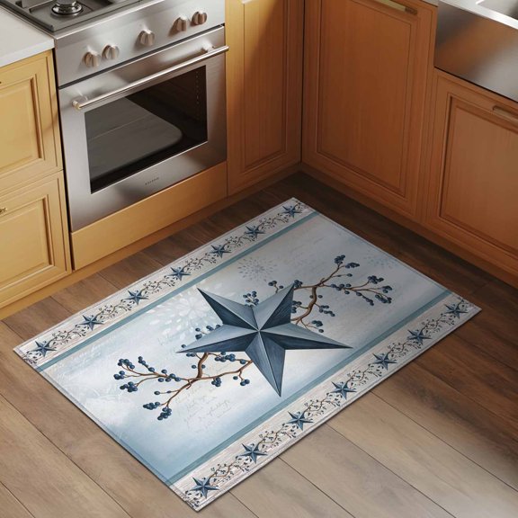Blue Texas Star 2x3 Rug for Entryway Front Door Kitchen Sink Area, Vintage Star Berry Blue Fireworks Background Low Pile Washable Non Slip Rectangle Area Rug