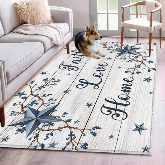 Blue Texas Star Area Rugs 4x6 ft Vintage Berry Faith Love Home Country Wood Grain Washable Rug Non Slip Indoor Carpet Absorbent Floor Mat for Living Room Bedroom Dining Room