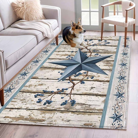 Blue Texas Star Area Rugs 4x6 ft Vintage Farmhouse Blue Star Berry Wood Grain Washable Rug Non Slip Indoor Carpet Absorbent Floor Mat for Living Room Bedroom Dining Room