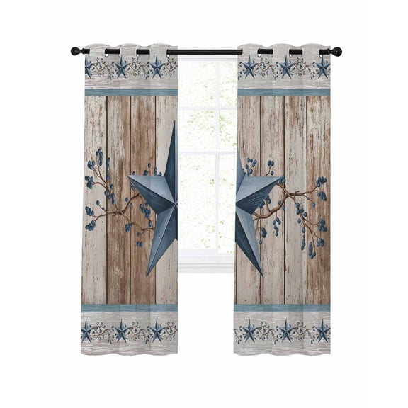 Blue Texas Star Blackout Curtains 63 Inch Length Vintage Blue Star Berry Brown Beige Wood Grain Thermal Insulated Window Curtain Window Drapes 2 Panels for Bedroom Living Room 42"Wx63"L