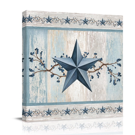 Blue Texas Star Canvas Wall Art for Living Room, Vintage Star Berry Blue Beige Wood Grain Wall Decor Framed Artwork Pictures Ready to Hang for Bedroom Office Home Decor