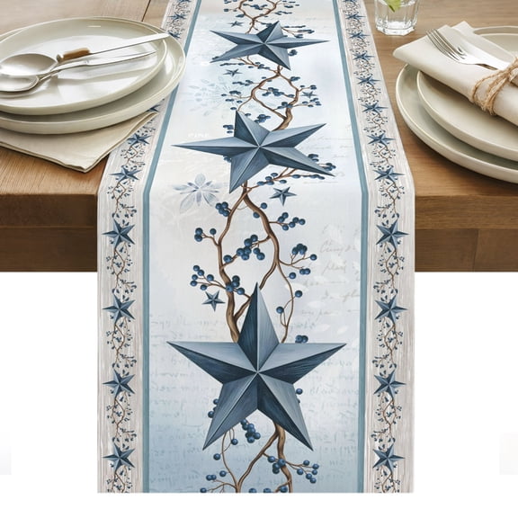 Blue Texas Star Cotton Linen Table Runner Vintage Star Berry Blue Fireworks Background Dining Table Runners for Home Decor Party Dining Room Restaurant Kitchen Party 13" x 36"