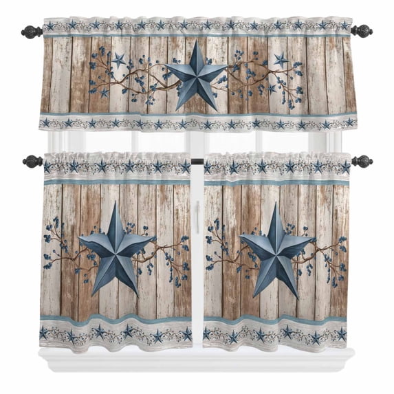 Blue Texas Star Curtain Valances Set Vintage Blue Star Berry Brown Beige Wood Grain Kitchen Curtains 36&nbsp;inch Length Rod Pocket Valance and Tiers 3 Piece Set Small Bedroom Bathroom Laundry Decor