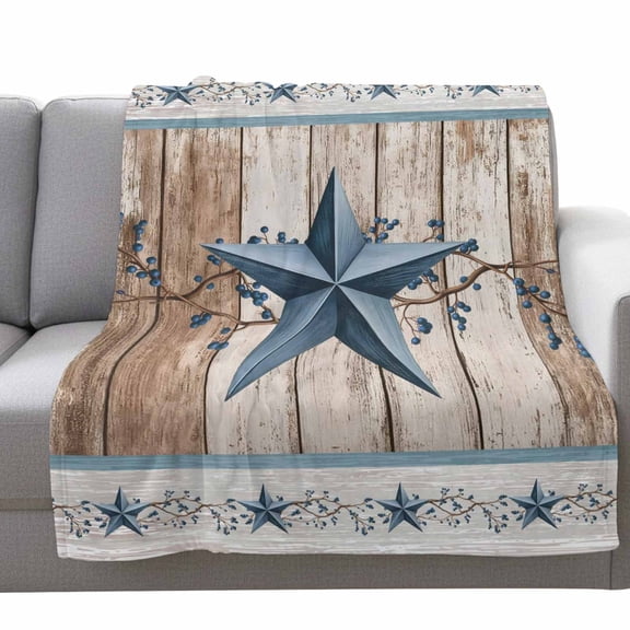 Blue Texas Star Fleece Throw Blanket Lightweight Vintage Blue Star Berry Brown Beige Wood Grain Fuzzy Flannel Throws Super Soft Cozy Flannel Blanket for Couch, Sofa, Bed, Travel 50"x60"