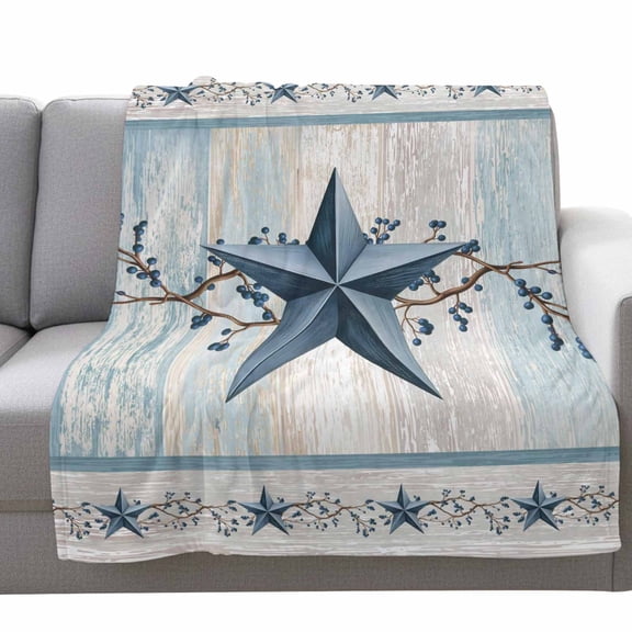 Blue Texas Star Fleece Throw Blanket Lightweight Vintage Star Berry Blue Beige Wood Grain Fuzzy Flannel Throws Super Soft Cozy Flannel Blanket for Couch, Sofa, Bed, Travel 40"x50"