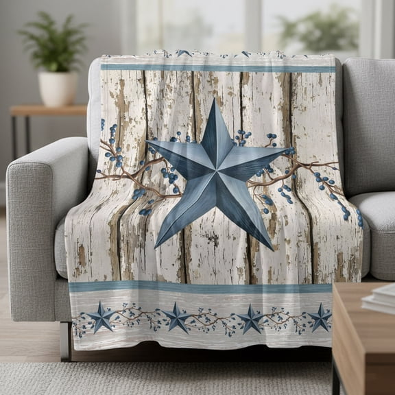 Blue Texas Star Fleece Throw Blanket Vintage Farmhouse Blue Star Berry Wood Grain Ultra Soft Fuzzy Cozy Flannel Throw Blanket for Couch Sofa Bed Car Travel, Ideal Gifts 30x40 Inches