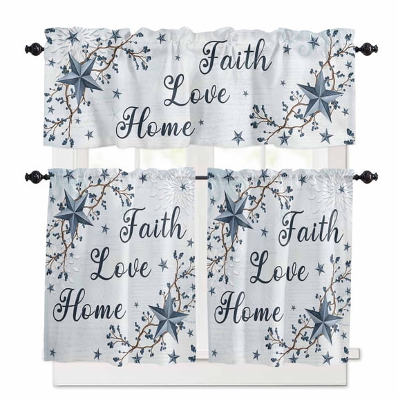 Blue Texas Star Kitchen Curtains Valance and Tier Set Vintage Berry Faith Love Home Blue Background Short Curtains for Small Window 3 Pieces Set for Bedroom Bathroom Cafe (54" x 18"+27" x 24")