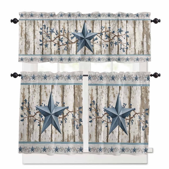 Blue Texas Star Kitchen Curtains Valance and Tier Set Vintage Farmhouse Blue Star Berry Wood Grain Short Curtains for Small Window 3 Pieces Set for Bedroom Bathroom Cafe (54" x 18"+27" x 24")