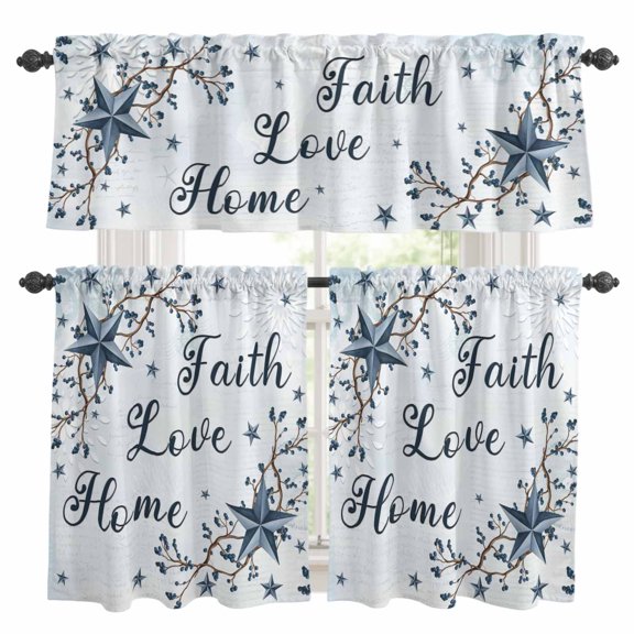Blue Texas Star Kitchen Curtains Valances and Tiers Set of 3 Vintage Berry Faith Love Home Blue Background Tier Curtains and Valance with Rod Pocket for Small Windows, 27.5"x24"