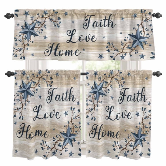 Blue Texas Star Kitchen Curtains Valances and Tiers Set of 3 Vintage Berry Faith Love Home Khaki Wood Grain Tier Curtains and Valance with Rod Pocket for Small Windows, 27.5"x24"