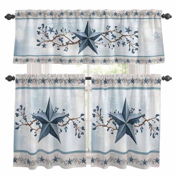 Blue Texas Star Kitchen Curtains Valances and Tiers Set of 3 Vintage Star Berry Blue Fireworks Background Tier Curtains and Valance with Rod Pocket for Small Windows, 27.5"x24"