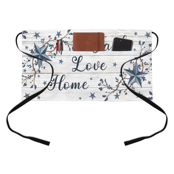 Blue Texas Star Kitchen Restaurant Half Waist Apron, Vintage Berry Faith Love Home Country Wood Grain Server Short Apron with 3 Pockets Waterproof Oil Waist Aprons for Women Waitress Waiter