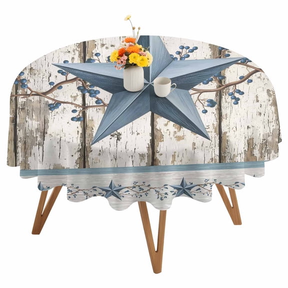 Blue Texas Star Round Tablecloth 60 inches Vintage Farmhouse Blue Star Berry Wood Grain Waterproof Oil-Proof Table Cloth Round Table Cover for Holiday Party Picnic Dinner Decor Indoor and Outdoor Use