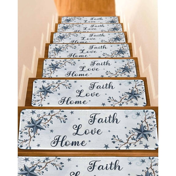 Blue Texas Star Stair Treads Vintage Berry Faith Love Home Blue Background Indoor Non Slip Peel and Stick Stair Treads for Wooden Steps 10 PCS, Soft Adhesive Staircase Mats Runner Rugs 8"x30"
