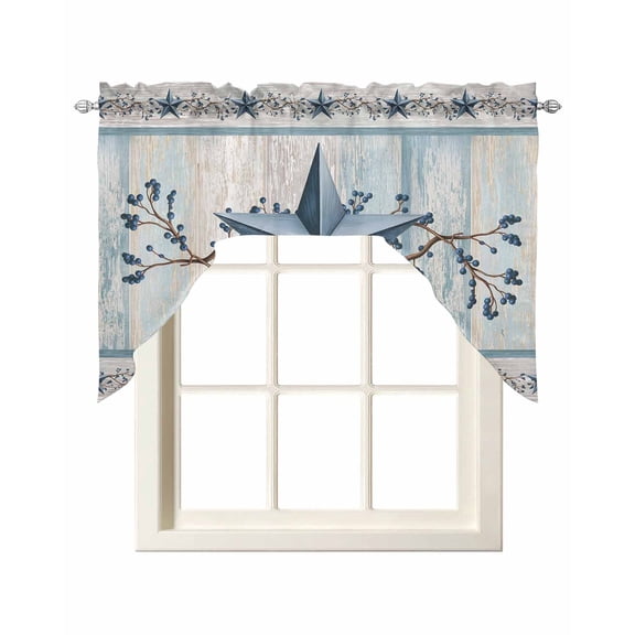 Blue Texas Star Swag Valances for Windows 56 x 36 Vintage Star Berry Blue Beige Wood Grain Rod Pocket Light Filtering Window Topper for Kitchen Bathroom Bedroom Living Room