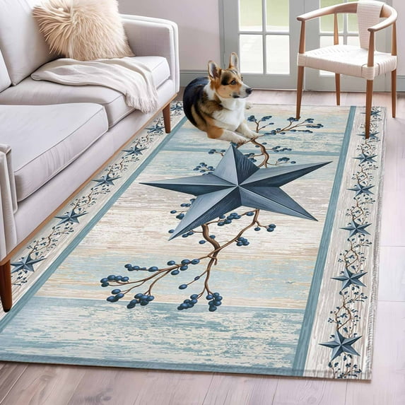 Blue Texas Star Washable Area Rug 4 x 6 ft Vintage Star Berry Blue Beige Wood Grain, Soft Non Slip Rugs Stain Repellent Indoor Felt Carpet for Living Dining Room Bedroom Home Office