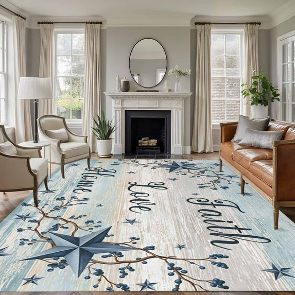 Blue Texas Star Washable Area Rug 5 x 7 ft Vintage Berry Faith Love Home Blue Khaki Wood Grain, Soft Non Slip Rugs Stain Repellent Indoor Felt Carpet for Living Dining Room Bedroom Home Office