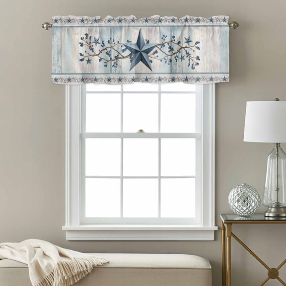 Blue Texas Star Window Valance for Kitchen, Vintage Star Berry Blue Beige Wood Grain Rod Pocket Short Curtain for Small Windows, Light Filtering Decorative Valance, 42 x 12 Inch, 1 Panel