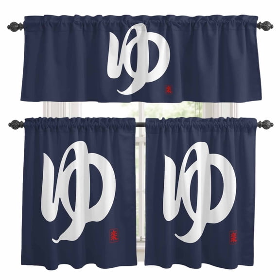 Blue Text Curtain Valances Set Vintage Abstract Japanese-Style Yamato Words Navy Blue Kitchen Curtains 24 inch Length Rod Pocket Valance and Tiers 3 Piece Set Bedroom Bathroom Laundry Decor