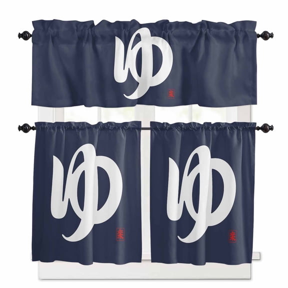 Blue Text Kitchen Curtains Valances and Tiers Vintage Abstract Japanese-Style Yamato Words Navy Blue Tier Curtains and Valance Rod Pocket Valance Curtains Set 27.5"W x 24"L, 3pcs
