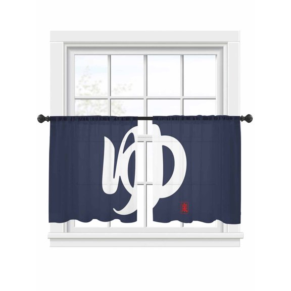 Blue Text Sheer Curtains 2 Panels Set Vintage Abstract Japanese-Style Yamato Words Navy Blue Sheer Window Curtains Light Filtering Rod Pocket Voile Drapes for Bedroom Living Room 52"x54"