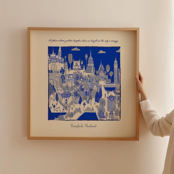 Blue Thai Architecture City Skyline Art Bangkok Temple Landmarks