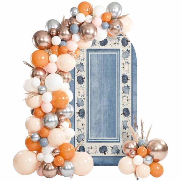 Blue Thanksgiving Arch Backdrop Cover 6Ft, Wedding Arch Covers Stretchy Backdrop, Fall Pumpkins Maple Leaf Distressed Art Fitted 2 Sided Arched Photo Background for Birthday Party Decorations