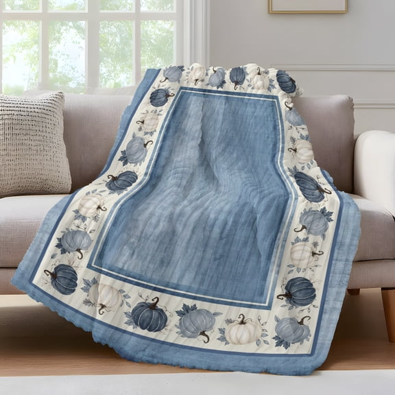 Blue Thanksgiving Fleece Throw Blanket for Couch, Fall Pumpkins Maple Leaf Distressed Art Microfiber Flannel Blanket for All Season, Lightweight Soft Throw Blankets for Baby, Kids, Pets, 30"x40"
