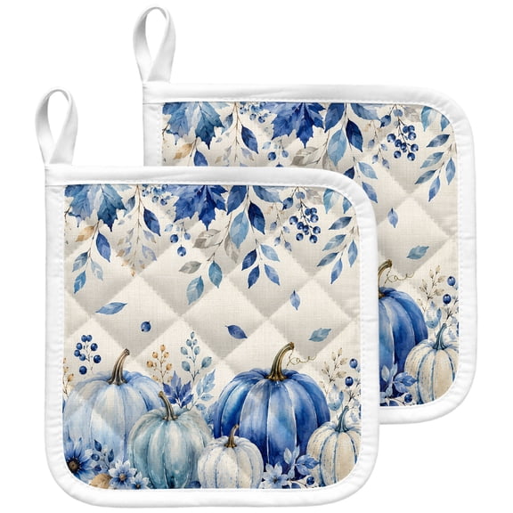Blue Thanksgiving Pot Holders for Kitchen Heatproof Potholder, 2 Pack Retro Fall Pumpkin Eucalyptus Maple Leaf Hot Pads Multipurpose Oven Pads Terry Cloth Potholders Trivet for Cooking and Baking