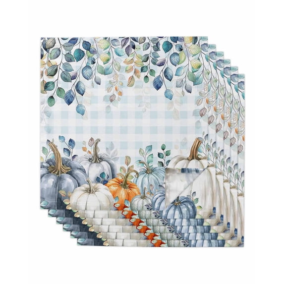 Blue Thanksgiving Pumpkin Cloth Napkins Set of 6 Reusable Dinner Napkins, Fall Eucalyptus Leaves Plaid Cocktail Napkin Washable Table Napkins for Wedding/Holiday Party/Baby Shower 20"x20"