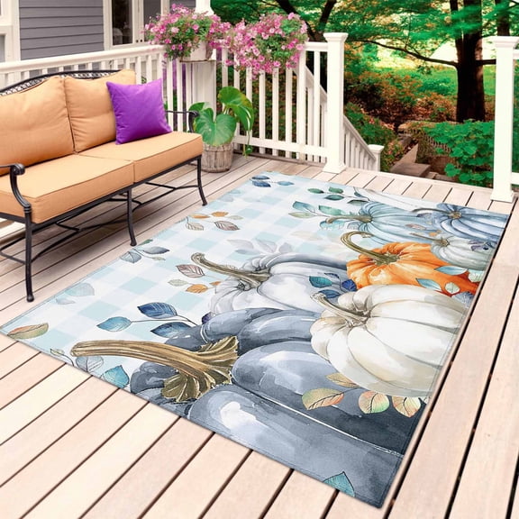 Blue Thanksgiving Pumpkin Outdoor Rug for Patio/Deck/Porch, Non-Slip Large Area Rug 6 x 9 Ft, Fall Eucalyptus Leaves Plaid Indoor Outdoor Rugs Washable Area Rugs, Reversible Camping Rug Carpet Runner