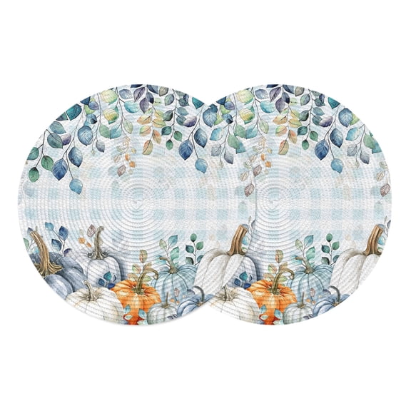 Blue Thanksgiving Pumpkin Round Placemats Set of 2, Braided Polypropylene Place Mats, Fall Eucalyptus Leaves Plaid Washable Table Mats for Kitchen Dinner Holiday Wedding Party Coffee Table Decor 13"