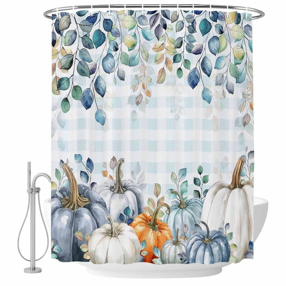 Blue Thanksgiving Pumpkin Shower Curtain, Waterproof Shower Curtains for Bathroom, Fall Eucalyptus Leaves Plaid Washable Fabric Bathtub Curtain Set Bath Decor with 12 Hooks 72"x78"