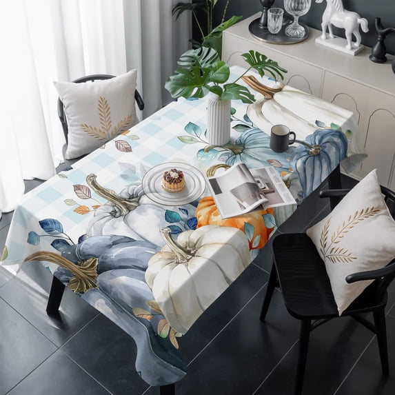 Blue Thanksgiving Pumpkin Table Cloth Waterproof Tablecloths, Fall Eucalyptus Leaves Plaid Tablecloth Dining Table Cover for Kitchen Party Tabletop Outdoor, Rectangle Tablecloth 60x120 Inch