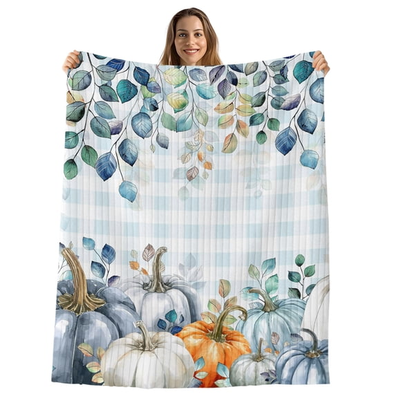 Blue Thanksgiving Pumpkin Throw Blanket, Flannel Fleece Blanket with Striped Design for Couch, Fall Eucalyptus Leaves Plaid Soft Breathable All Season Plush Blankets for Sofa Office Travel 40"x50"