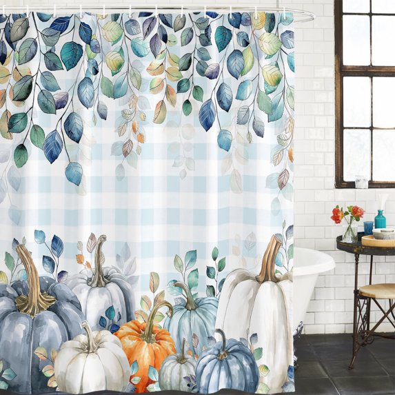 Blue Thanksgiving Pumpkin Waterproof Shower Curtain, 72"x72" Washable Polyester Fabric Shower Curtains for Bathroom, Fall Eucalyptus Leaves Plaid Decorative Bathtub Curtain Sets with Hooks