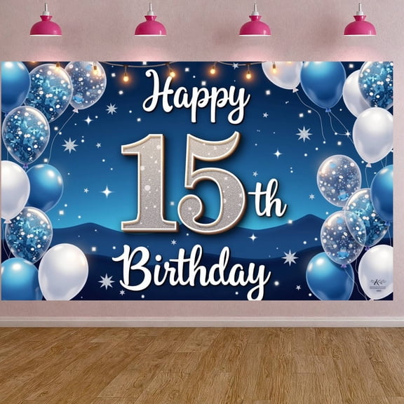 Blue Theme 15th Birthday Banner Silver Glitter Display Balloon Decor Starry Pattern Birthday Backdrop for 15th Birthday Party Teenager Celebration Indoor Decoration