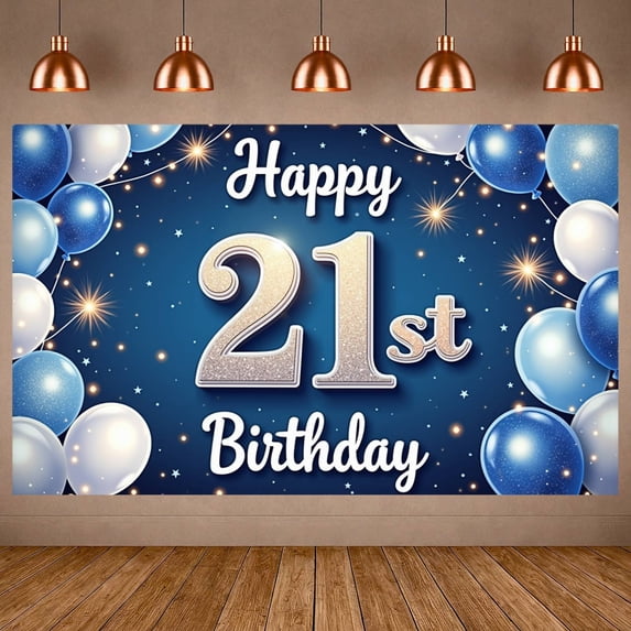 Blue Theme 21st Birthday Banner Gold Glitter Display Balloon Decor Star Pattern 21st Celebration Backdrop for 21st Birthday Party Adult Celebration Photo Backdrop