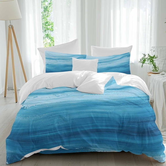 Blue Theme 4 Piece Duvet Cover Set Queen Size Ocean Waves Abstract Gradient Watercolors Art Soft Bedding Set Comforter Cover, 1 Duvet Cover 1 Flat Sheets and 2 Pillowcases