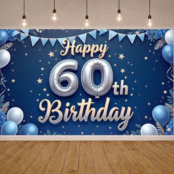 Blue Theme 60th Birthday Banner Silver Balloon  Display Golden Stars Triangle Bunting 60th Celebration Backdrop for 60th Birthday Party Adult Celebration Milestone Event