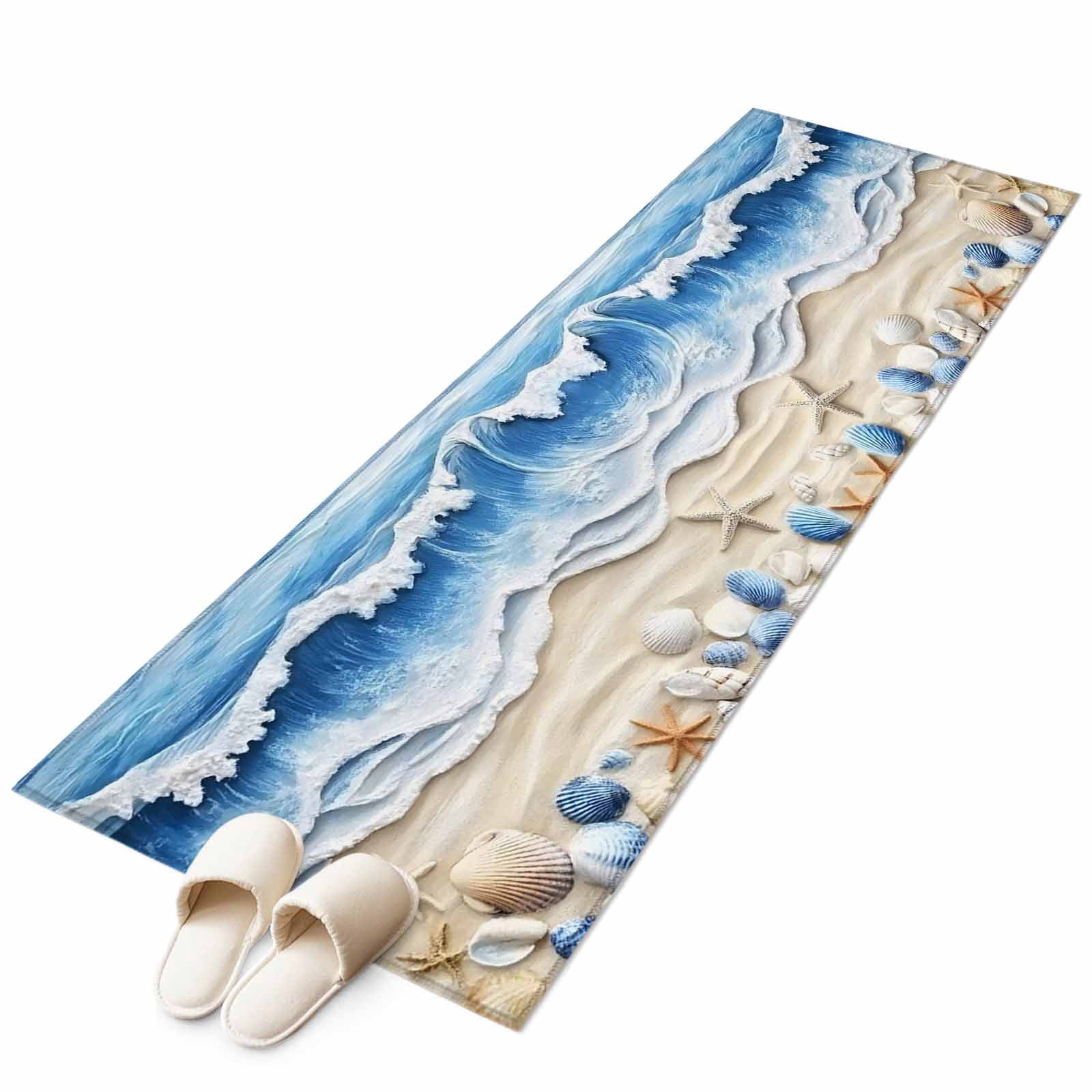 Blue Theme Area Rug 2x6ft Beach Ocean Wave Shell Starfish Coastal Non ...