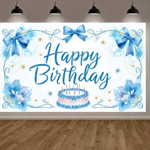 Blue Theme Banner Floral Design Party Backdrop Cake Pattern Gold Accents Celebration Backdrop for Birthday Party Indoor Decor Party Photography