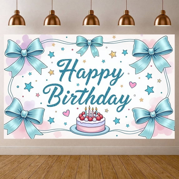 Blue Theme Banner Floral Design Party Backdrop Cake Pattern Gold Accents Celebration Backdrop for Birthday Party Indoor Decor Party Photography