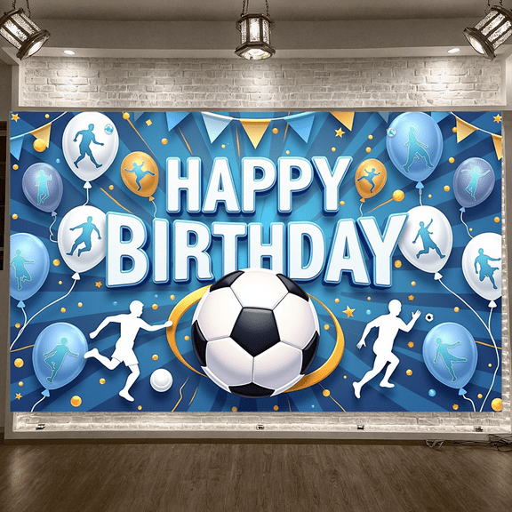 Blue Theme Banner Soccer Balloon Design Football for Birthday Party Kids Event Sports Celebration